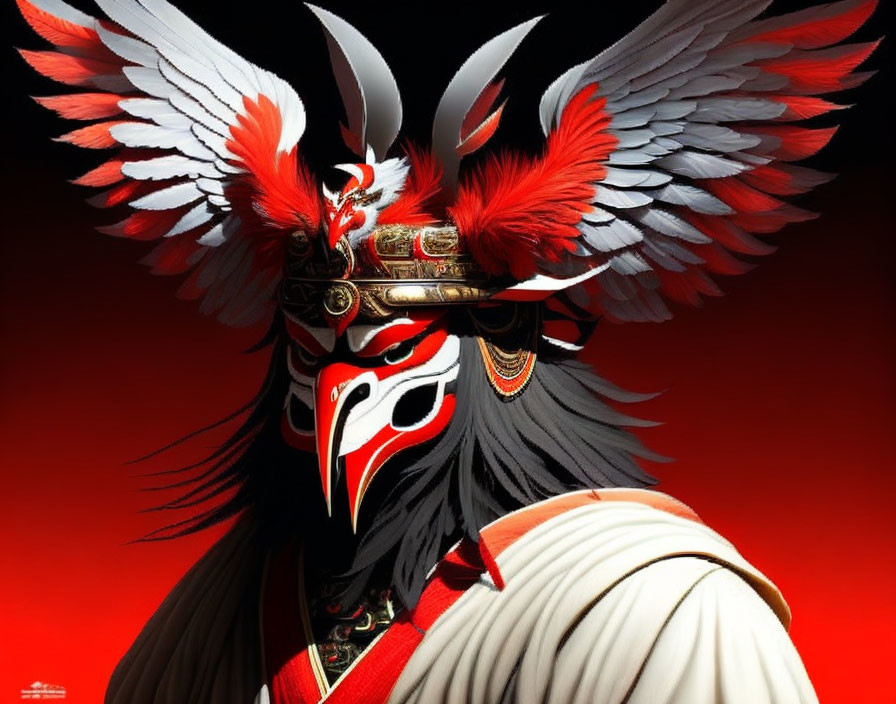 Character with stylized white & red mask, feathered wings, red & black plumage