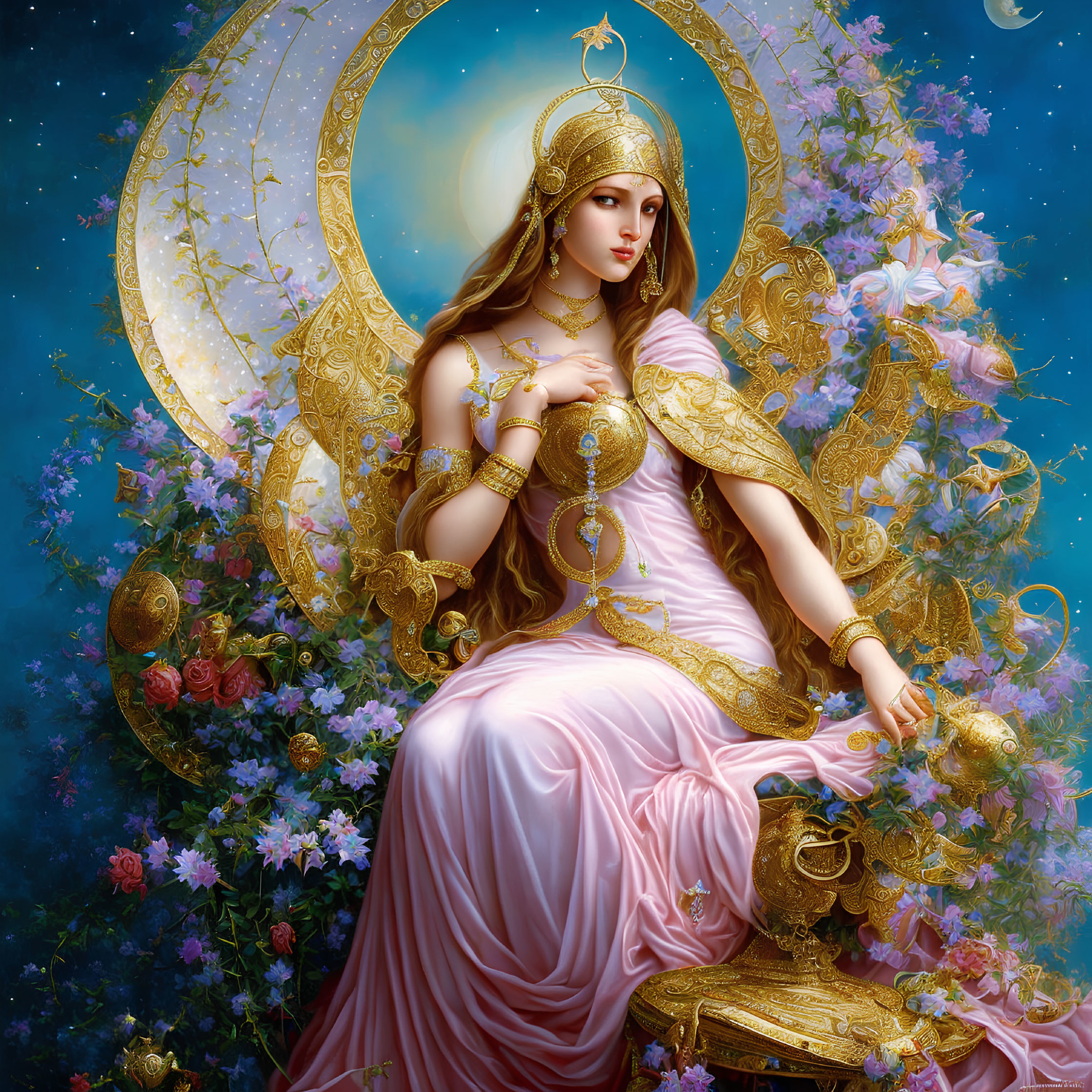 Regal woman in pink gown with golden ornaments in celestial setting