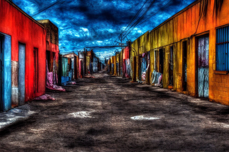 Colorful houses on narrow street under dramatic sky