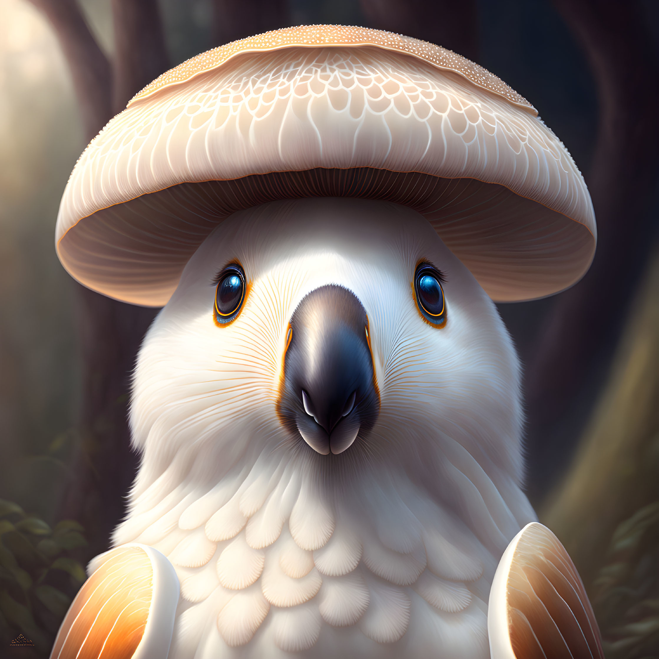 Illustration: White Owl Creature with Mushroom Cap Head in Forest