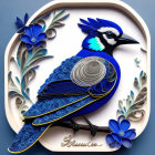 Intricate Paper Art: Vibrant Blue Bird with Flowers on Gray Background