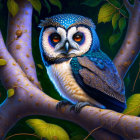 Colorful Stylized Owl Illustration Perched on Branch