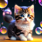 Fluffy kitten with blue eyes in colorful bubbles on dusky background