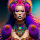 Colorful digital portrait of woman with purple hair and feather headdress