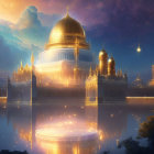 Golden palace with shimmering lights and spires reflected in tranquil waters under starry sky.