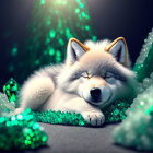 White Fox Sleeping Among Green Crystals in Serene Fantasy Scene