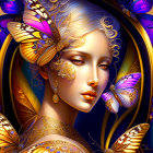 Stylized portrait of woman with golden filigree and butterflies on dark blue background