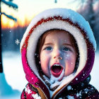 Child laughing in colorful coat in snowy setting