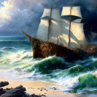 Sailing ship in stormy seas near shore with seagull and driftwood