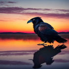 Raven perched by serene lake at sunset, vibrant reflections and dramatic sky.