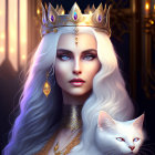 Regal woman with blue eyes, white hair, golden crown, purple gems, and cat.