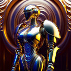 Futuristic blue and gold robot on swirling metallic background