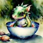 Illustration of dragon hatchling in bowl with plants and creatures