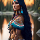 Woman with Long Dark Hair in Native American Beadwork by Forest Lake