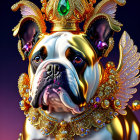 Regal bulldog with golden crown, jewels, and angel wings on gradient background