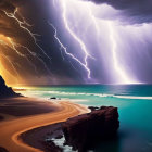 Dramatic night beach scene with lightning strikes over ocean.