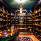 Luxurious Room with Wooden Shelves, Glassware, Artifacts, and Chandelier