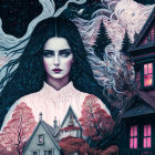 Portrait of a woman with black hair and piercing eyes in front of a gothic house in a snowy