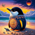 Colorful Stylized Penguin Art Against Sunset Backdrop