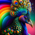 Colorful Peacock Digital Illustration with Rainbow Tail & Bubbles