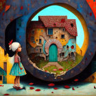 Girl in Blue Dress Stands by Whimsical Stone House