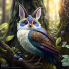 Whimsical owl illustration with large eyes and ears in white, blue, and brown feathers with orn