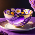 Golden Bowl with Painted Flowers on Floral Plate and Purple Background