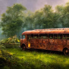 Rusted bus in moss-covered forest under foggy sky