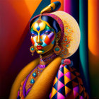 Colorful portrait of a woman with intricate face paint and patterned headwrap.