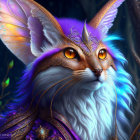 Anthropomorphic feline creature with blue and purple feathers and glowing orange eyes