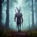 Mystical figure with antlers and twig cloak in foggy forest