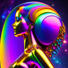 Colorful digital artwork: Female profile with rainbow hair and gem headpiece against starry backdrop