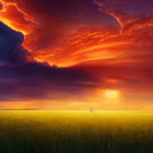 Vivid sunset with fiery orange and red storm clouds over green field