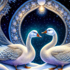 Illustrated swans with spread wings under a starry night sky and ornate moon.