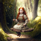 Red-haired girl on swing in sunlit forest with green wreath