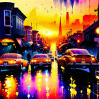 Neon-lit city street at sunset with vintage cars and reflections