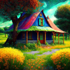 Colorful Cottage Illustration with Moonlit Sky and Flowers