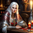 White-Haired Woman in Red Armor at Candlelit Table with Playing Cards