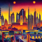 Vibrant sunset cityscape with skyscrapers, green areas, and monorail tracks