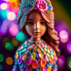 Colorful ornate doll with sequined hood on bokeh light background