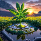 Serene cannabis plant with water droplets against sunset backdrop