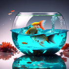 Golden fish in overflowing fishbowl with coral on reflective surface