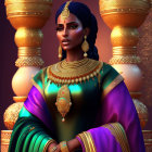 Regal woman in traditional attire with gold jewelry against golden pillars