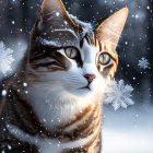 Tabby Cat with Snowflakes in Winter Scene