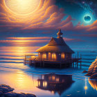 Seaside hut with thatched roof under starry sky and moonlight reflected on calm waters