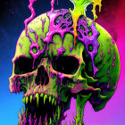Vibrant skull digital art with neon melting effects on textured blue and pink backdrop