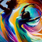 Vibrant stylized female figures dancing in flowing dresses with colorful swirls on vivid backdrop