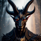 Dark creature with black fur, curved horns, and glowing eyes in intricate armor