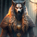 Anthropomorphic wolf warrior in ornate armor and medallion in mystical forest.