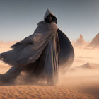 Robed Figure in Vast Desert with Sand Dunes and Rock Formations